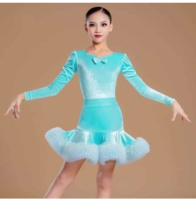 Girls kids turquoise velvet latin dance dresses for children salsa rumba chacha jive performance outfits for children